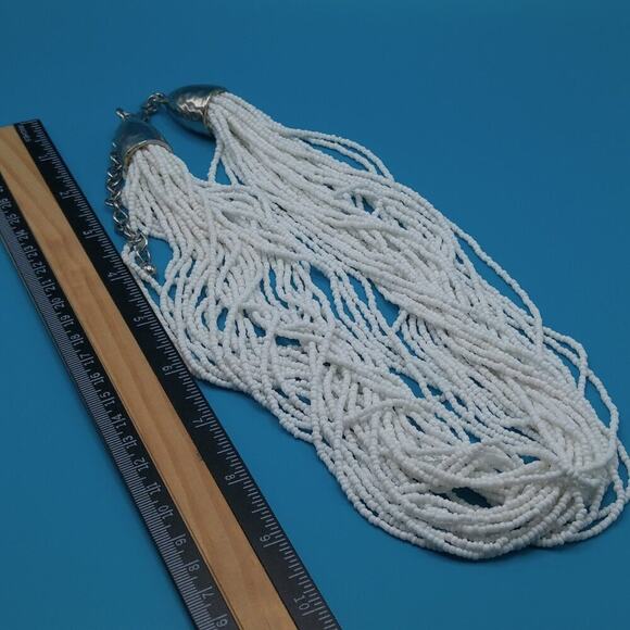 Chico's White Seed Bead Necklace, 30 Strands, Hammered Silver End Caps, 26 Inch - Picture 7 of 12